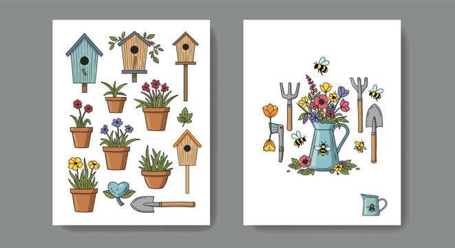 Two gardening themed posters featuring birdhouses, potted plants, garden tools, and bees in a charming hand-drawn style.