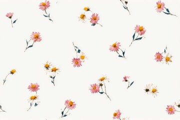 Obraz premium Vintage style watercolor floral pattern with soft pastel daisies and leafy branches, painted with muted tones for a nostalgic and timeless botanical look.