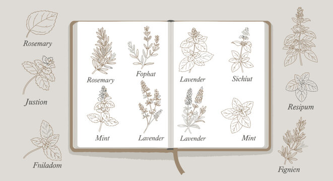 Botanical illustrations, herbal plants, line drawings, floral elements, 20 herb icons