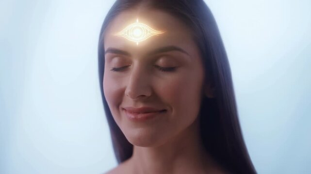 Serene Female Meditating Softly With Luminous Third Eye And Gentle Smile In Peaceful Setting
