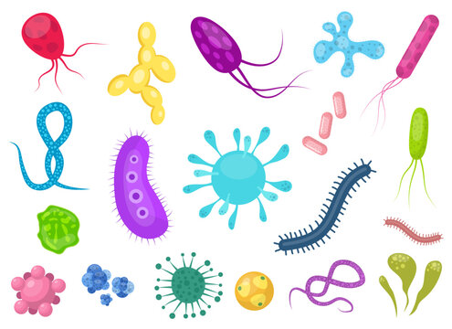 Colorful array of assorted cartoon style bacteria and viruses on white