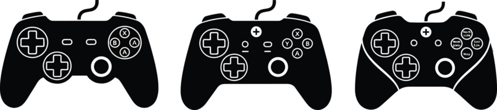 A set of three black and white flat vector illustrations representing different game controllers