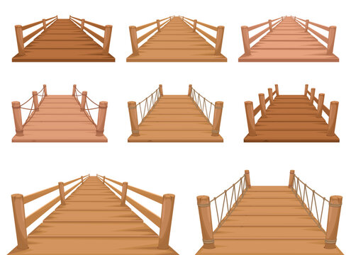 Various wooden bridges featuring different barrier styles in a tiled layout.