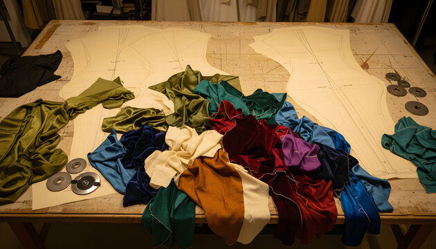 Fabric scraps and paper patterns on tailoring table