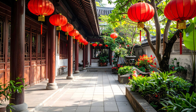 
Traditional red lanterns hang amidst the lush flowers and old architecture of a scenic Chinese garden in Hong Kong under a clear summer sky