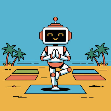 Friendly smiling robot practicing tree yoga pose on a beach mat with tropical palm trees in a flat vector illustration style for wellness technology and mindfulness concepts