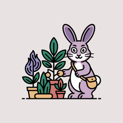 Obraz premium Cute cartoon rabbit wearing a satchel tending to potted houseplants in a whimsical vector illustration style with soft pastel colors and bold decorative outline details