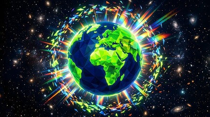 Fototapeta premium Low poly planet earth, vibrant rainbow light rays, rotating in space, galaxy with stars and nebula, environmental illustration