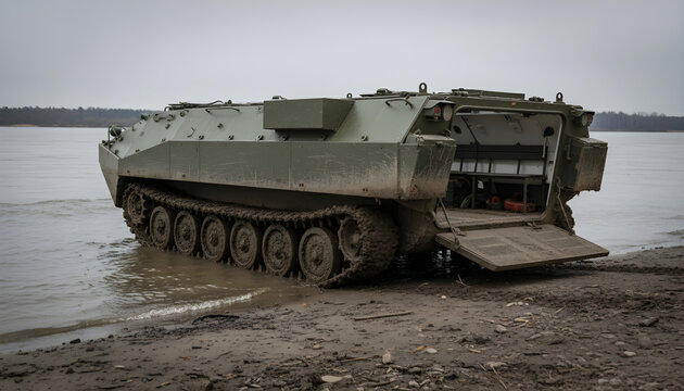 Military armored vehicle moving into a muddy river or lake