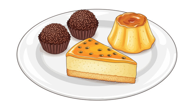 Assortment of Brazilian Desserts on Plate: Brigadeiro, Passion Fruit Cheesecake, Pudim