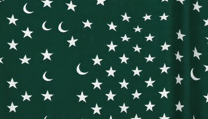 Fototapeta premium Dark green fabric with white stars and crescent moons pattern textured background