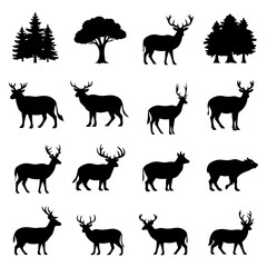 Obraz premium Collection of diverse deer silhouettes in various poses and tree shapes, creating a natural forest scene illustration