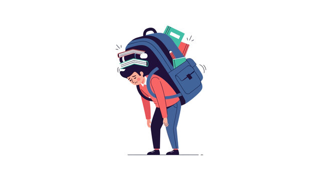 Illustration of a student struggling under a giant, overflowing backpack packed with books, symbolizing academic burden, heavy workload, and the overwhelming pressure of studies