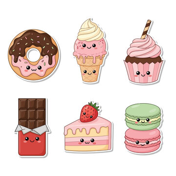 Charming set of six cartoon dessert characters, including a donut, ice cream, cupcake, chocolate bar, cake slice, and stacked macarons.