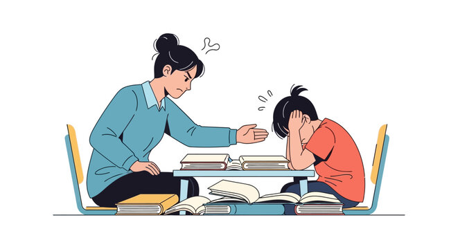 Overwhelmed student struggling with a pile of homework and academic pressure, receiving concerned and frustrated assistance from a teacher or parent, illustrating childhood learning difficulties