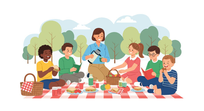 A delightful scene of elementary school children and their teacher enjoying a sunny outdoor picnic in a park, fostering social interaction, learning, and fun group experiences