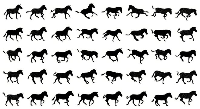 Zebra silhouette animation sequence, set of 40 black animal icons in motion, galloping zebra sprite sheet for video games and motion graphics