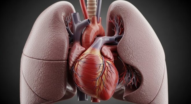 Anatomical Illustration of the Human Heart and Lungs.