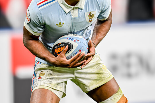 France rugby union player special edition adidas jersey close up, unrecognizable athlete with Altrad sponsor logo, the ball and rooster crest, 120 years Crunch match