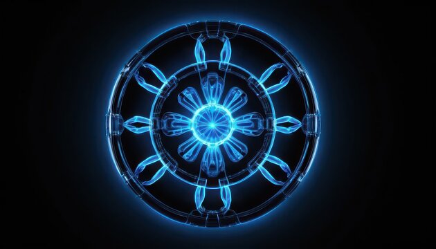 Glowing blue neon circle with radial lines and shapes on a dark background futuristic technology concept