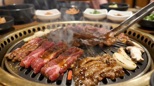 Korean BBQ Meat Grilling - A close-up shot of marinated Korean BBQ meat being grilled on a hot, round grill, along with garlic cloves and mushrooms. Tongs are used to flip one of the meat slices.
