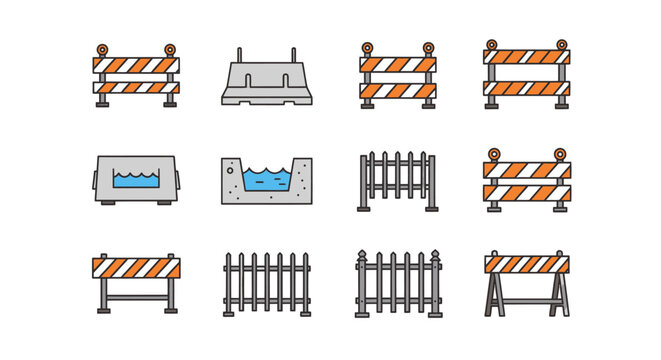 Construction Barricades and Fencing Icons Set: Safety, Traffic Control, Road Work Symbols