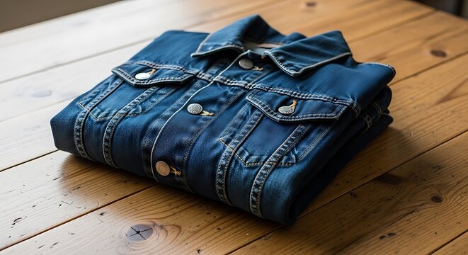 Folded Denim Jacket on Wooden Surface - A Close-Up View.