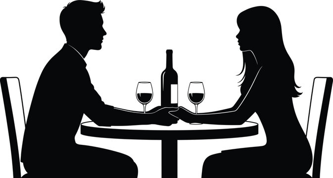 Black vector silhouette of a romantic young couple holding hands and sitting at a table during an intimate dinner date.