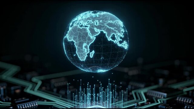 Futuristic digital globe projection above computer microchip with global technology concept
