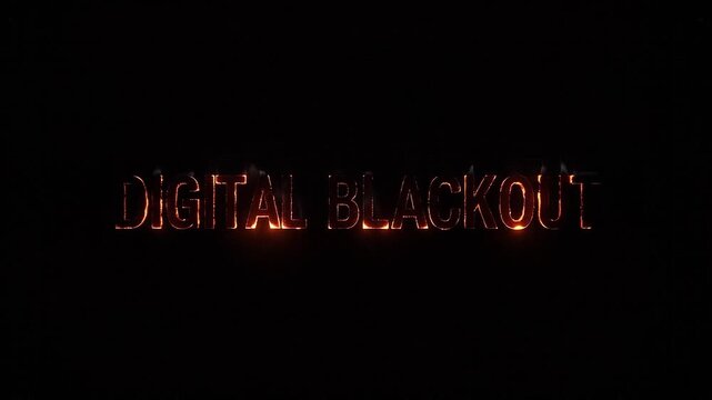 Digital Blackout word text with fiery aura effect, a dramatic representation of technological failure 