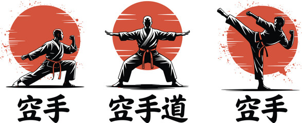Martial arts karate fighter silhouettes in various action poses with rising sun background and japanese kanji calligraphy for sports club branding and t-shirt design © MdLabib
