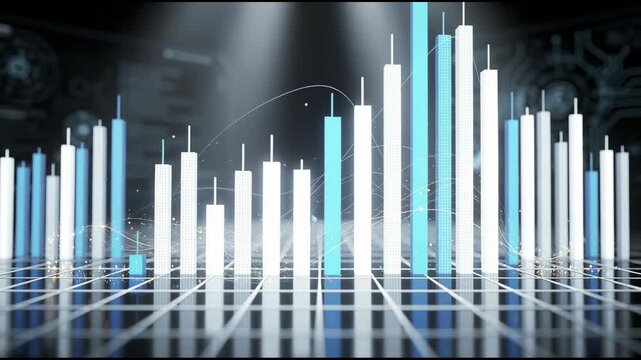 Futuristic 3D digital data chart with glowing white and blue bars on grid background for business analytics