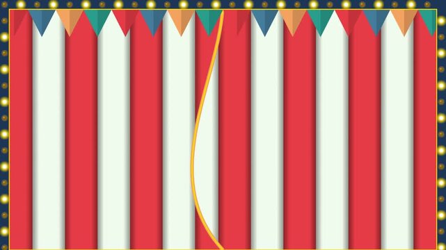 Circus Carnival Stage Curtain Opening with Green Screen Background, Red and White Striped Theater Drapes Reveal with Marquee Lights and Bunting