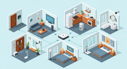 Fototapeta premium Isometric Smart Home Automation System with Connected Rooms.