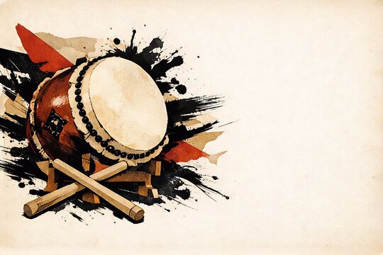 和太鼓と墨スプラッシュの和風デザイン｜Japanese Taiko Drum Illustration with Ink Splash on Traditional Washi Background, Powerful Japanese Culture Music Concept
