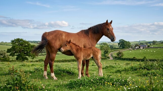 Brown mare and foal standing together on lush green pasture under a bright blue sky, peaceful countryside farm scene with distant fields and hedgerows

