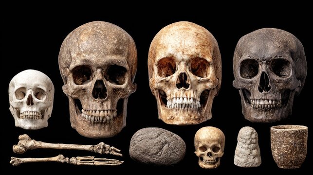 Collection of assorted ancient human skulls and skeletal fragments displayed against a stark black background