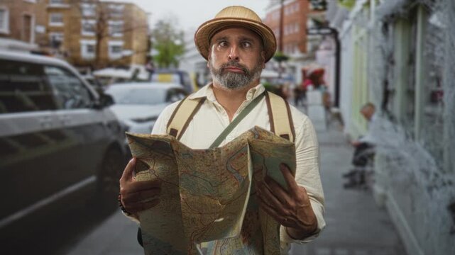 Man holding a paper map on a busy city street with backpack and hat, looking up as the map stays open; curiosity wanderlust.
