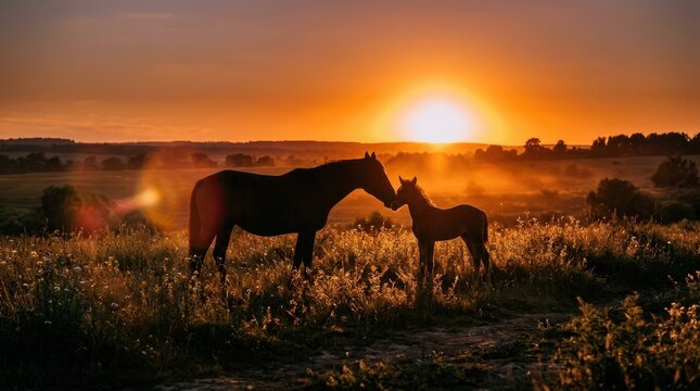 Silhouetted mare and foal standing close in a wildflower meadow at glowing sunset, sharing a quiet tender moment against fiery orange evening sky

