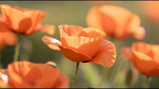 Close up of vibrant orange poppy flowers blooming in a sunlit garden with soft green background