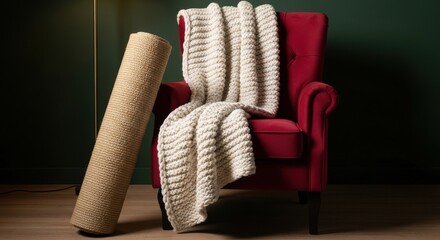 Fototapeta premium Rolled jute rug and cream knitted blanket draped over a rich red armchair in a cozy home setting