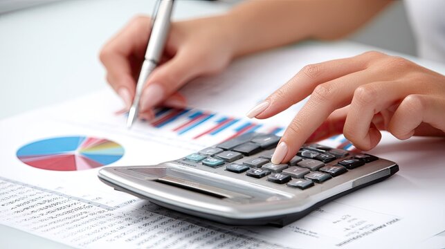 Person calculating financial data using a handheld electronic device near charts and written figures.