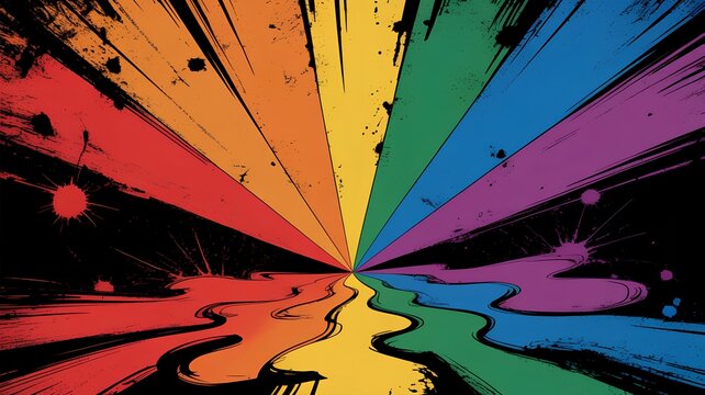 bold rainbow radial burst with gritty grunge textures, ink splashes, and dynamic rays, perfect for urban posters, pride visuals, music graphics, and high-energy creative backgrounds., 