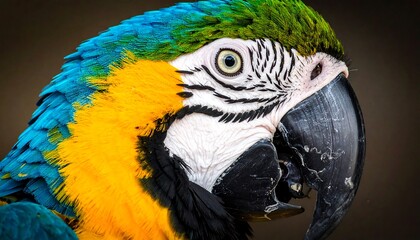 Fototapeta premium Close-up of a vibrant macaw with blue, yellow, and green plumage, a large beak, and intense gaze