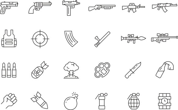 Weapon and Armament Line Icons Set - Firearms, Explosives, Ammunition, and Tactical Gear Vector Illustration