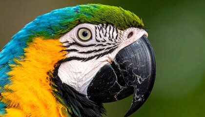 Fototapeta premium Close-up of a vibrant macaw's head showcasing its stunning blue, yellow, and green plumage