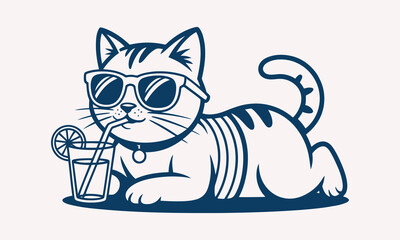 Fototapeta premium Cute cat relaxing and enjoying juice drink mascot illustration. Perfect for beverage branding creative projects and playful mascot design.