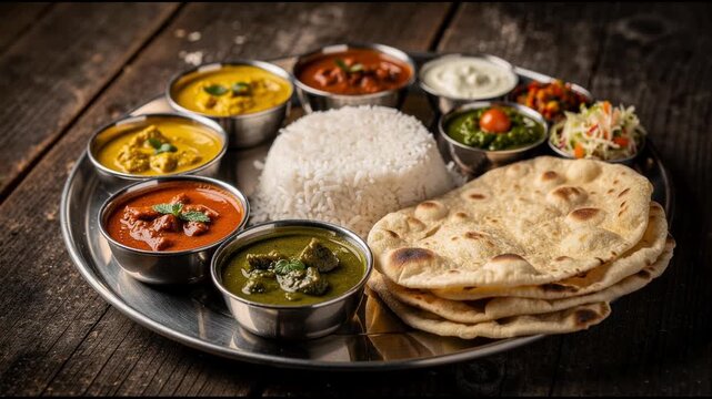 Traditional Indian thali with assorted curries rice naan and fresh chutneys on rustic wooden table