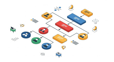 Isometric Network Topology Visualization with Connected Devices and Data Flow. © Anggi