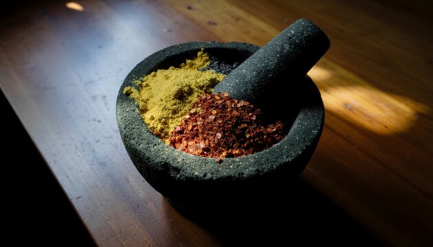 Macro Still Life of a Dark Stone Mortar Cobek with Layers of Dried Traditional Spices and Herbs
